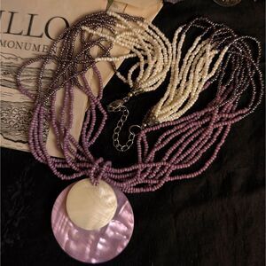 Chunky Seed Beaded Shell Pendant Necklace Purple White